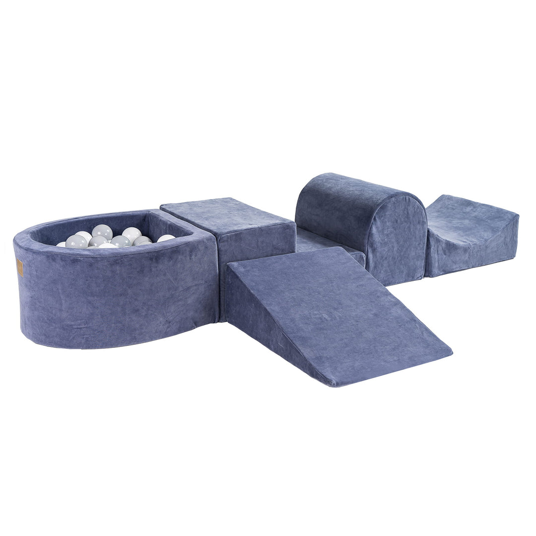 Ensemble de jeu en mousse bleu-gris velours avec petite piscine à balles avec 100 balles