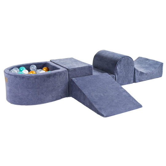 Ensemble de jeu en mousse bleu-gris velours avec petite piscine à balles avec 100 balles