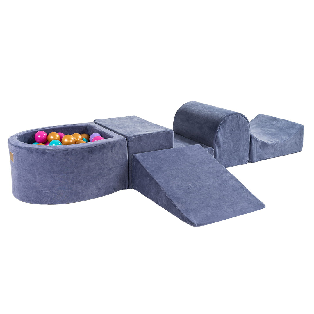 Ensemble de jeu en mousse bleu-gris velours avec petite piscine à balles avec 100 balles