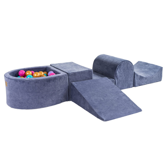 Ensemble de jeu en mousse bleu-gris velours avec petite piscine à balles avec 100 balles