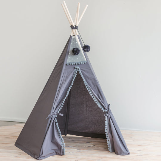 Tente tipi grise pour enfants avec pompons