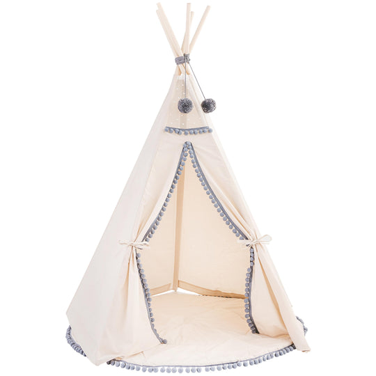 Tipi pour enfants blanc cassé avec pompons gris