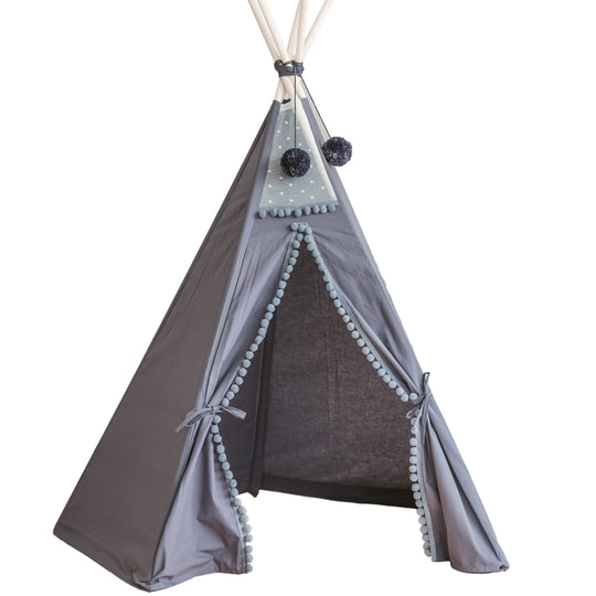 Tente tipi grise pour enfants avec pompons