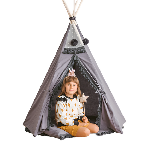 Tipi gris pour enfants avec décoration à pompons