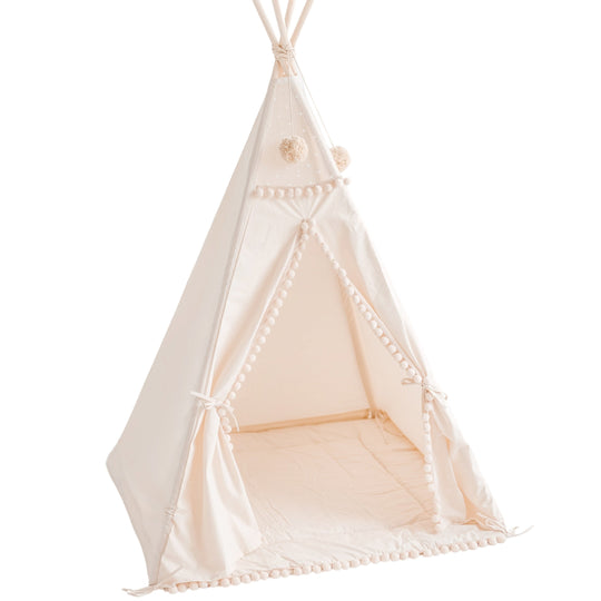 Vierkante kindertipi met pompons in ecru met speelmat