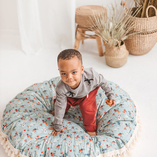 Large Floor Pillow in Mint and Floral Pattern