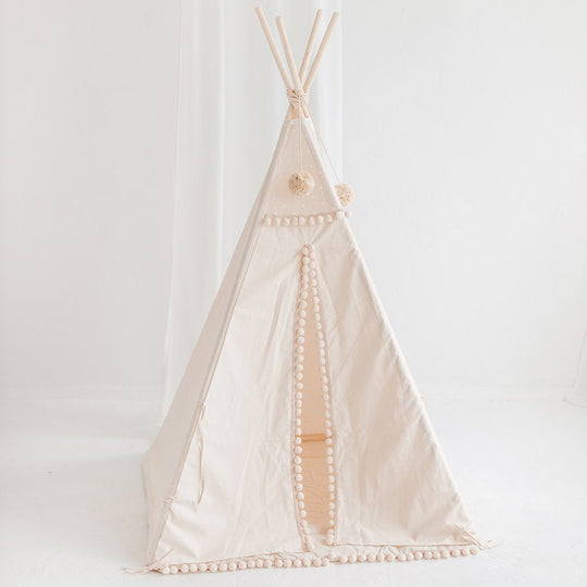 Vierkante kindertipi met pompons in ecru met speelmat