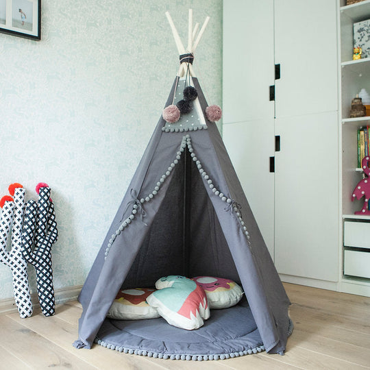 Tente tipi grise pour enfants avec pompons