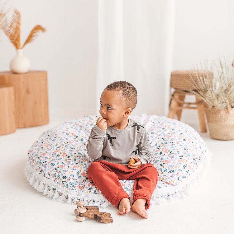 Large Floor Cushion in White and Floral Pattern